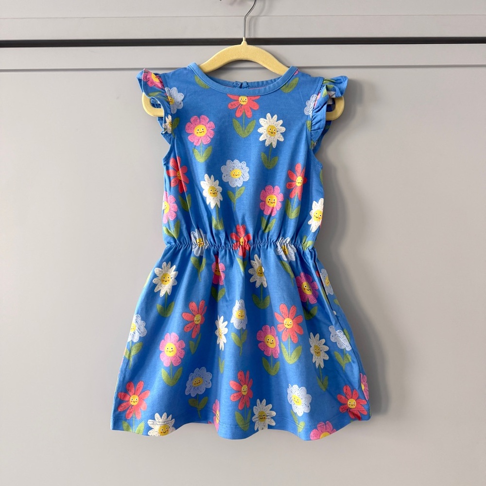 NWT Mini Boden Blue Dress with Happy Face Flowers (2/3)